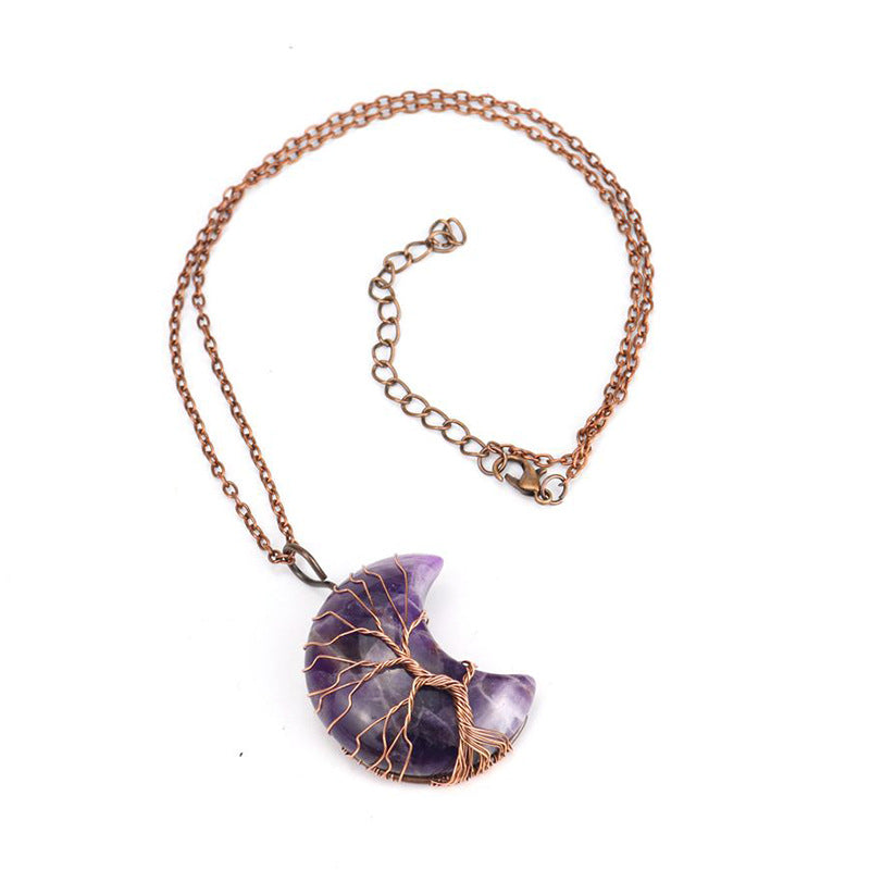 Antique Red Copper Moon Natural Stone Wrapped Tree of Life Pendant
