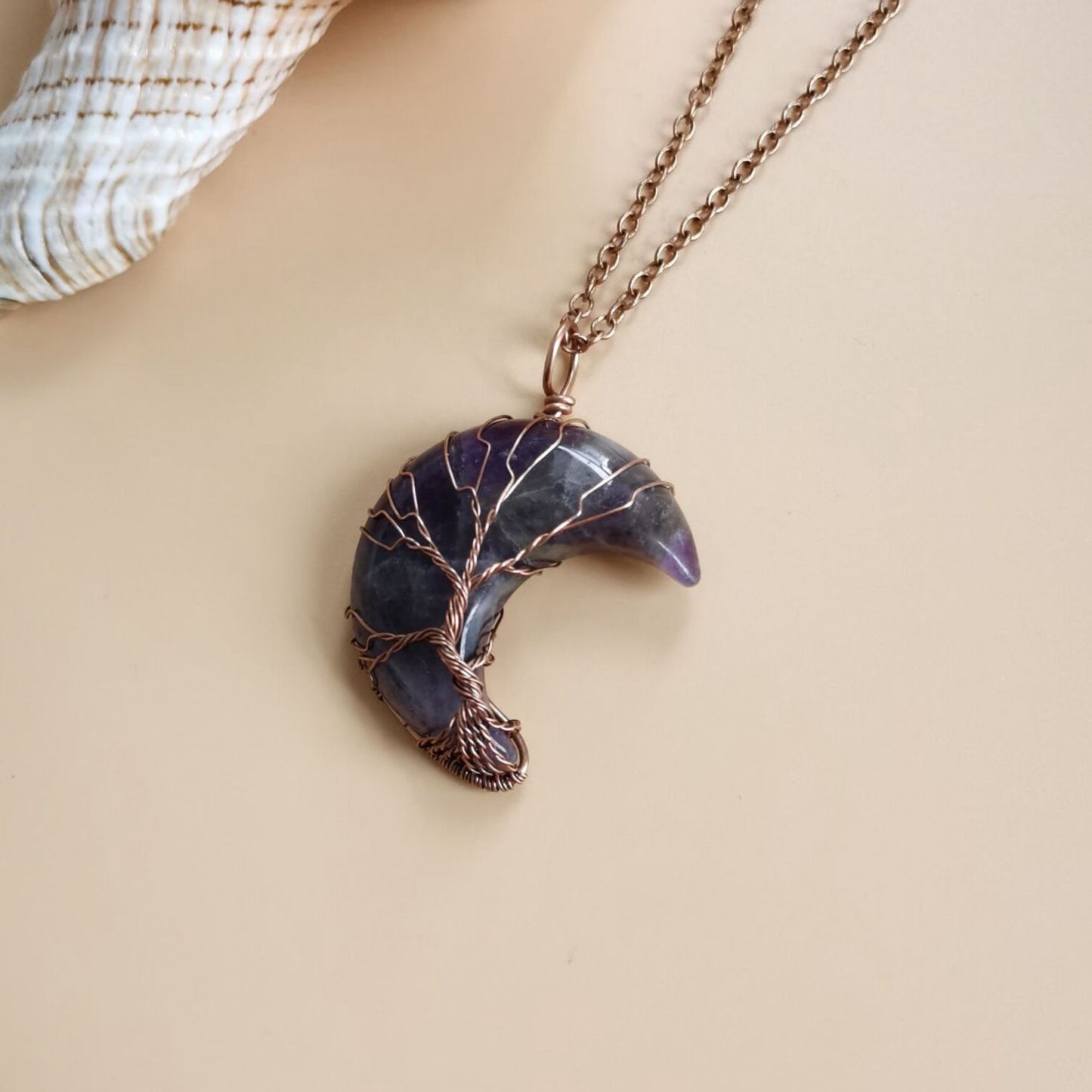 Antique Red Copper Moon Natural Stone Wrapped Tree of Life Pendant