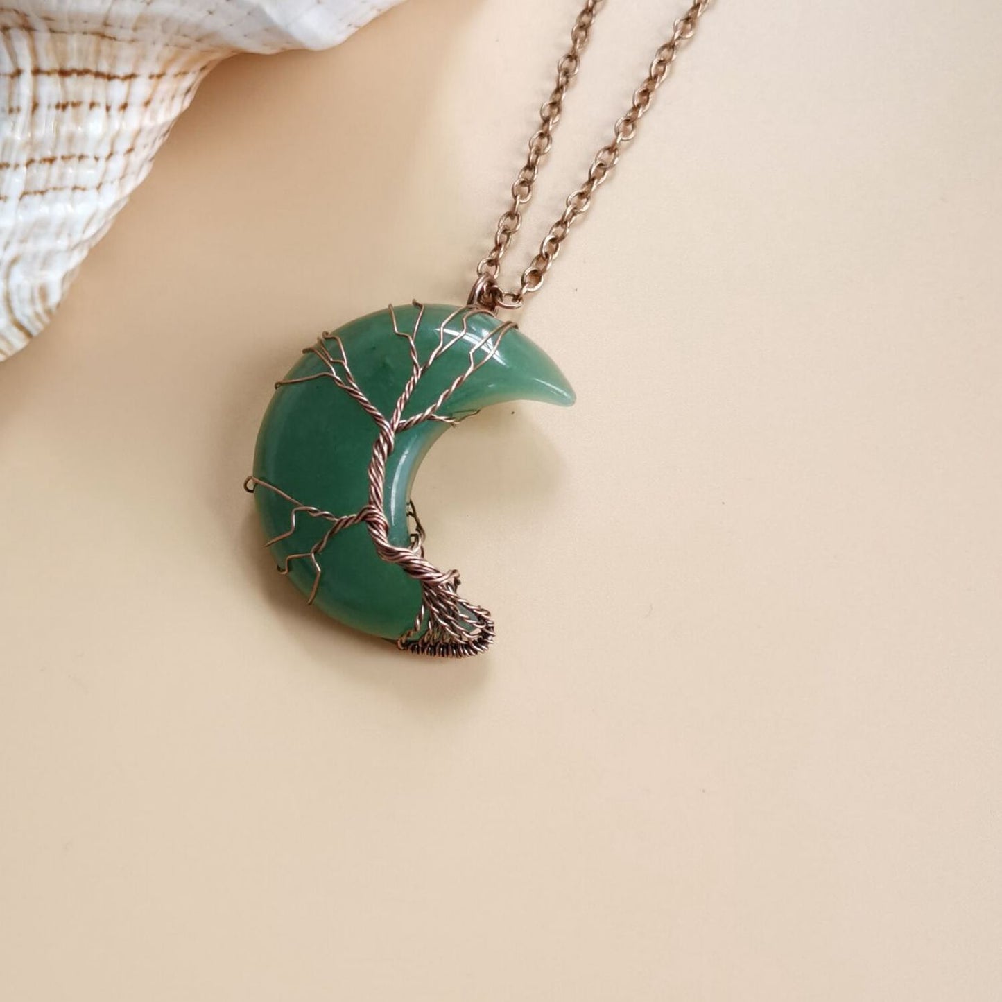 Antique Red Copper Moon Natural Stone Wrapped Tree of Life Pendant