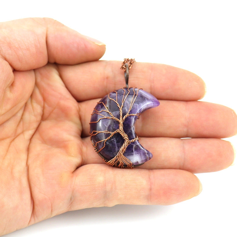Antique Red Copper Moon Natural Stone Wrapped Tree of Life Pendant