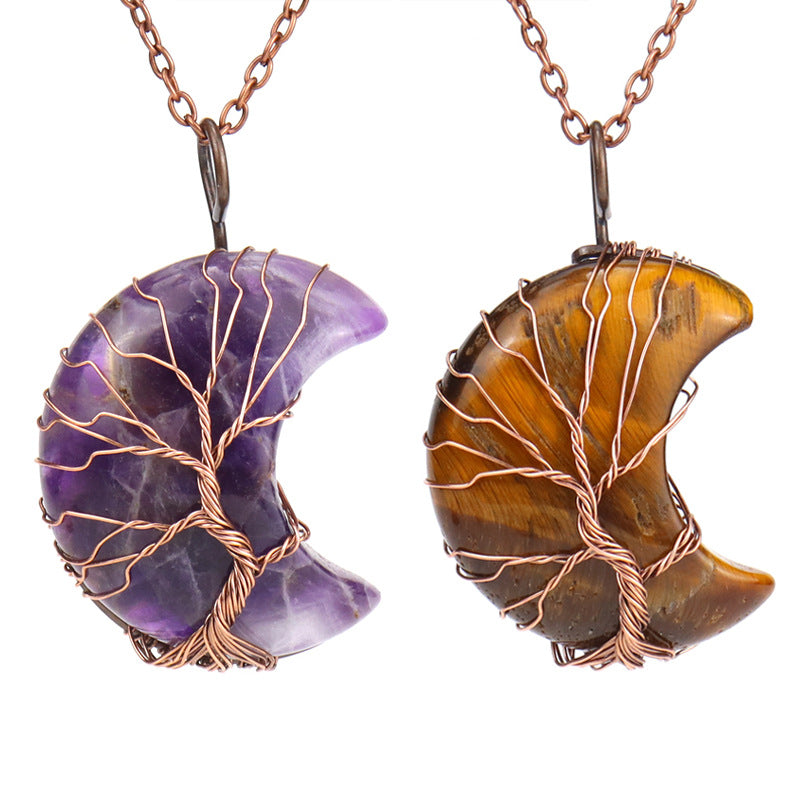Antique Red Copper Moon Natural Stone Wrapped Tree of Life Pendant
