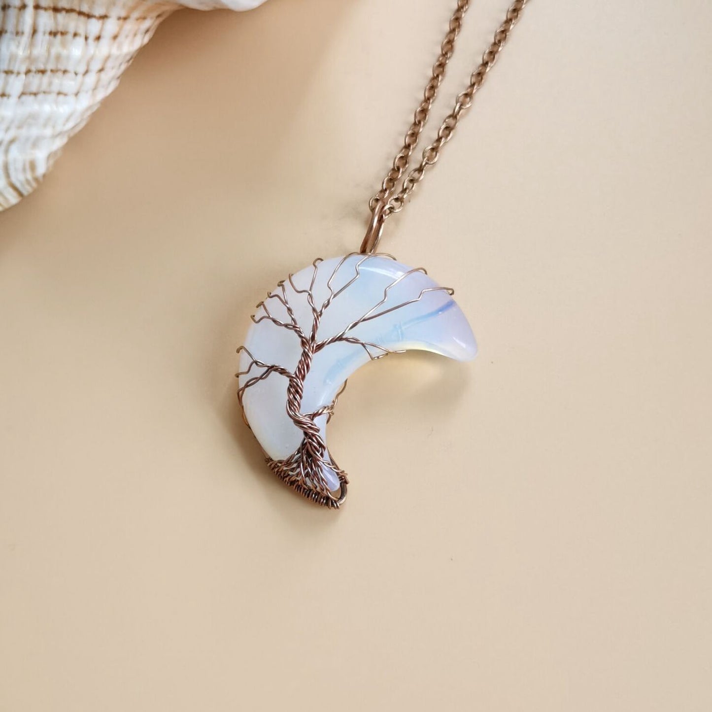 Antique Red Copper Moon Natural Stone Wrapped Tree of Life Pendant
