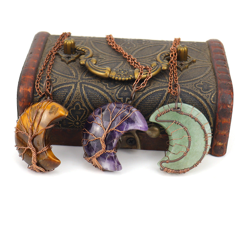 Antique Red Copper Moon Natural Stone Wrapped Tree of Life Pendant