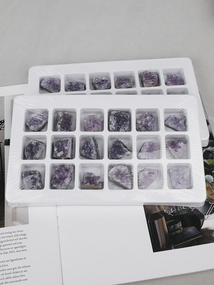 Natural crystal amethyst cluster raw mineral specimen, 18 pieces in a PVC box, mineral and geological teaching material.
