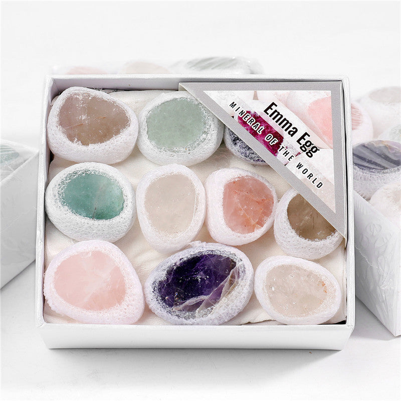 Small gift box of natural raw crystal mixed color dragon egg cut stones