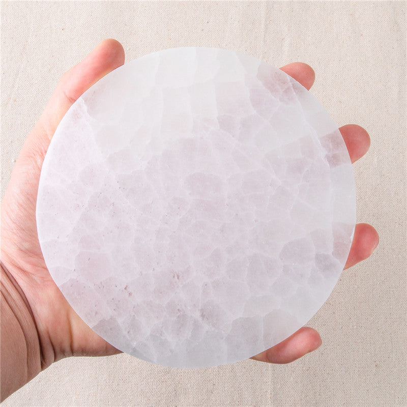 Natural Selenite Slab Geometric Round Coaster Rough Stone