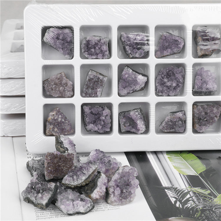 Natural crystal amethyst cluster raw mineral specimen, 18 pieces in a PVC box, mineral and geological teaching material.