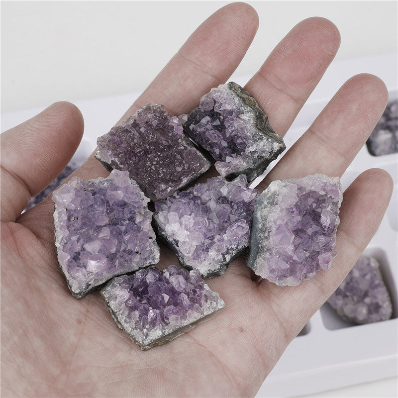 Natural crystal amethyst cluster raw mineral specimen, 18 pieces in a PVC box, mineral and geological teaching material.