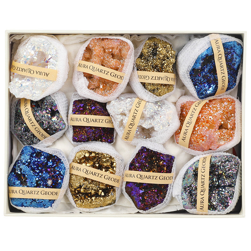 Natural agate crystal cave electroplated mixed color box