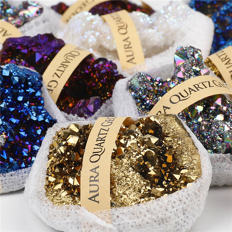 Natural agate crystal cave electroplated mixed color box