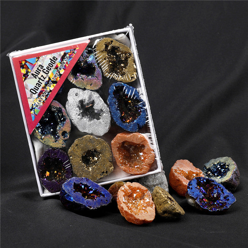 Natural crystal cave hollow agate electroplated colored box set