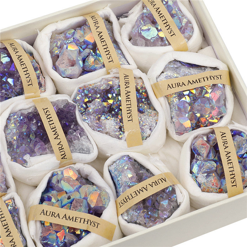 Natural Amethyst Cluster Rough Stone Electroplated New AB Color Amethyst Block Mine Label Gift Box