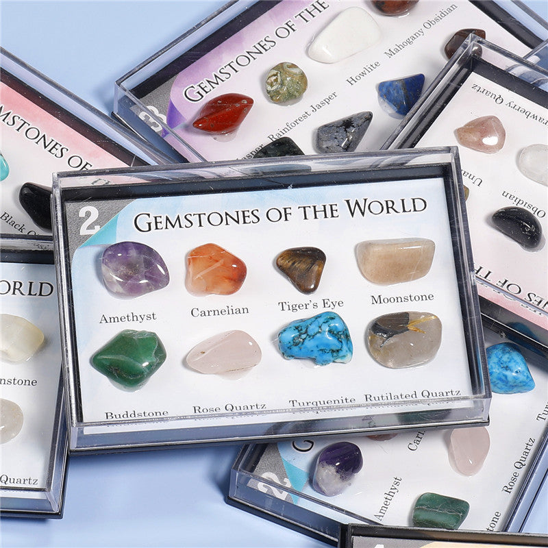 8 types of mineral crystal stones, natural mineral ore specimens, and educational geological information.