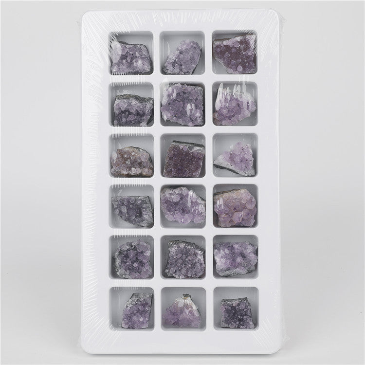 Natural crystal amethyst cluster raw mineral specimen, 18 pieces in a PVC box, mineral and geological teaching material.