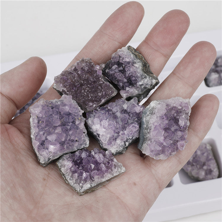Natural crystal amethyst cluster raw mineral specimen, 18 pieces in a PVC box, mineral and geological teaching material.