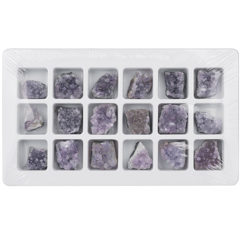 Natural crystal amethyst cluster raw mineral specimen, 18 pieces in a PVC box, mineral and geological teaching material.
