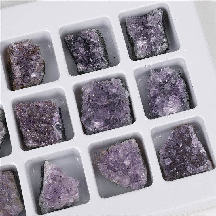 Natural crystal amethyst cluster raw mineral specimen, 18 pieces in a PVC box, mineral and geological teaching material.