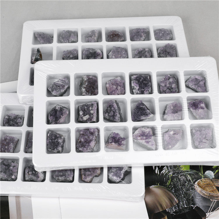 Natural crystal amethyst cluster raw mineral specimen, 18 pieces in a PVC box, mineral and geological teaching material.