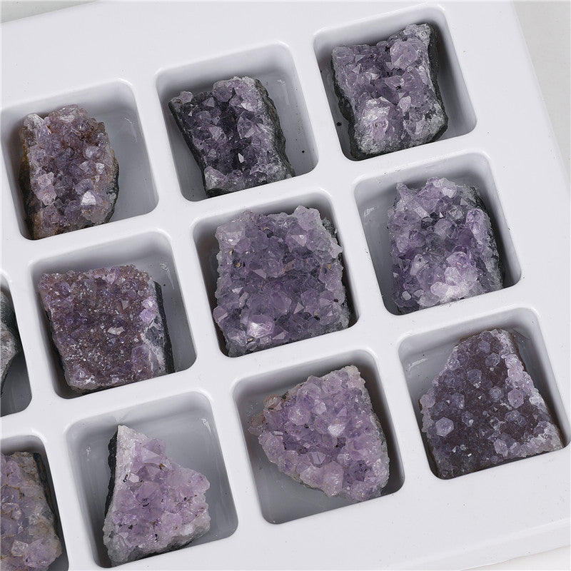 Natural crystal amethyst cluster raw mineral specimen, 18 pieces in a PVC box, mineral and geological teaching material.