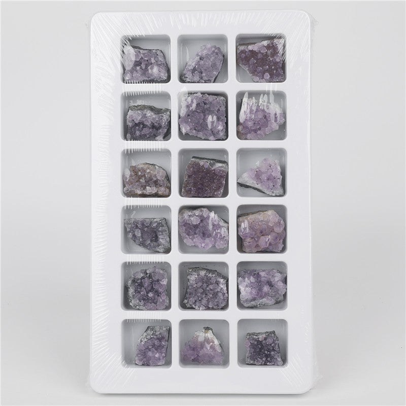 Natural crystal amethyst cluster raw mineral specimen, 18 pieces in a PVC box, mineral and geological teaching material.