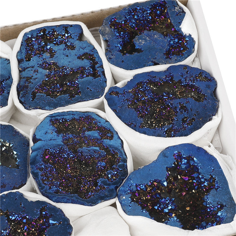 Natural crystal cave agate treasure pot raw stone electroplated blue boxed