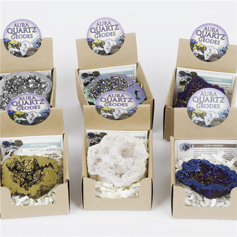 6 colors available, natural crystal cave agate treasure pot raw stone electroplated color box packaging