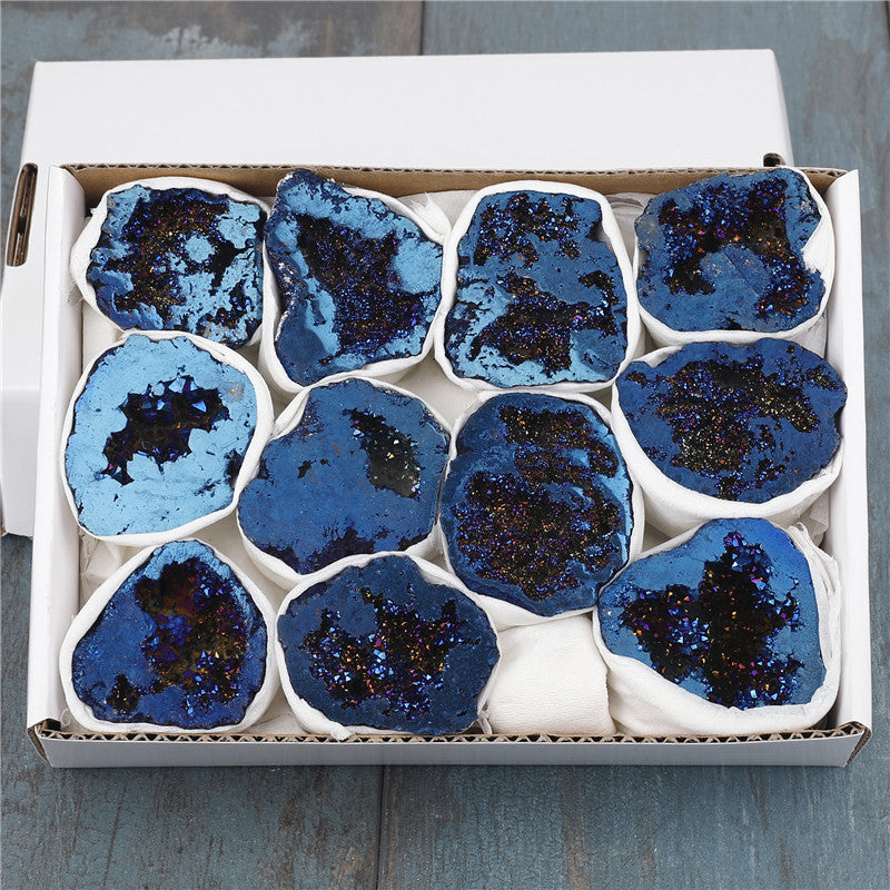 Natural crystal cave agate treasure pot raw stone electroplated blue boxed
