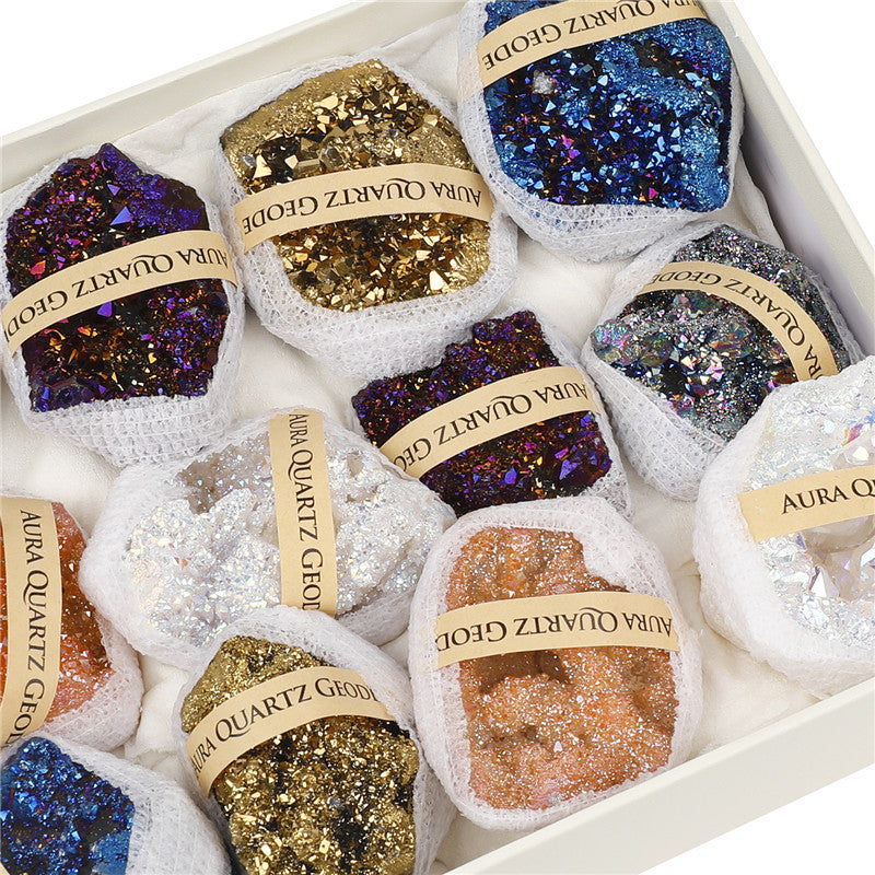 Natural agate crystal cave electroplated mixed color box