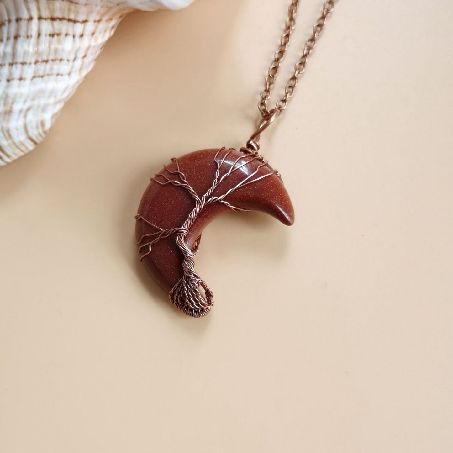 Antique Red Copper Moon Natural Stone Wrapped Tree of Life Pendant