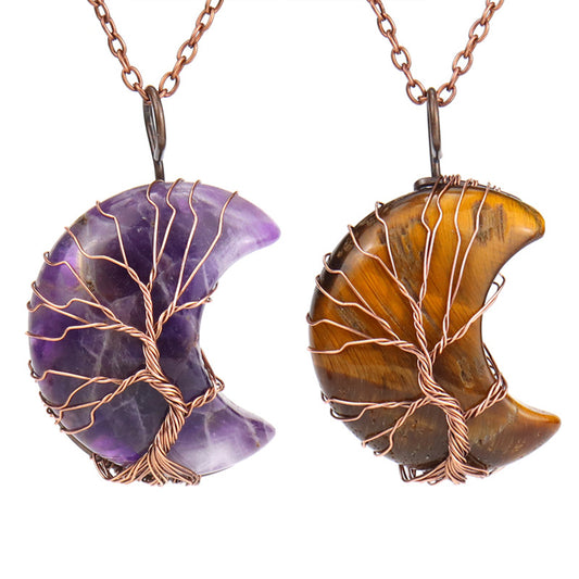 Antique Red Copper Moon Natural Stone Wrapped Tree of Life Pendant