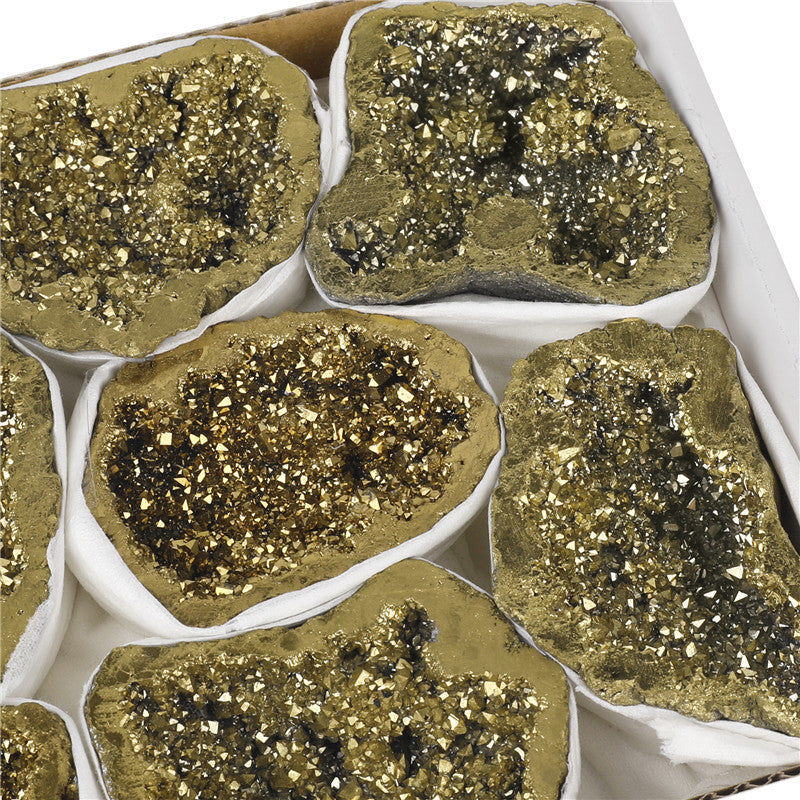 Natural crystal cave agate rough stone electroplated gold boxed
