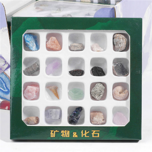 Boxed set of 20 mineral fossil specimens mixed with raw ore