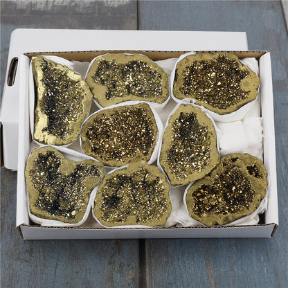 Natural crystal cave agate rough stone electroplated gold boxed