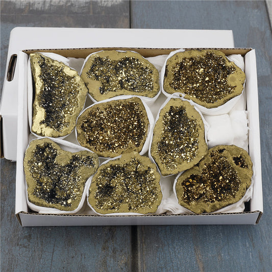 Natural crystal cave agate rough stone electroplated gold boxed