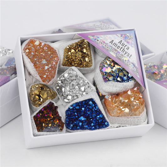 Natural Amethyst Cluster Rough Stone Electroplated Colorful Mixed Box Set