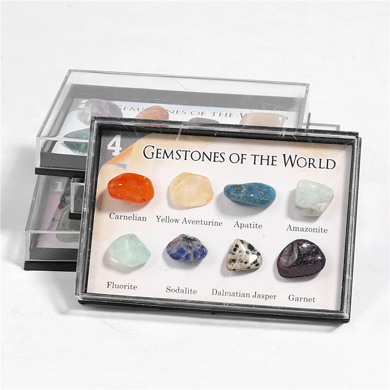 8 types of mineral crystal stones, natural mineral ore specimens, and educational geological information.