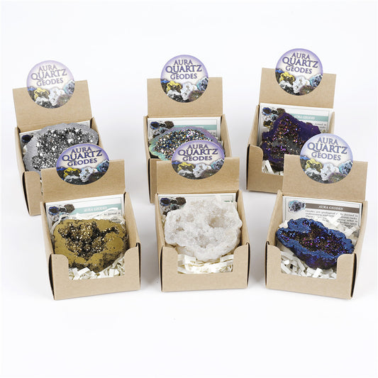 6 colors available, natural crystal cave agate treasure pot raw stone electroplated color box packaging