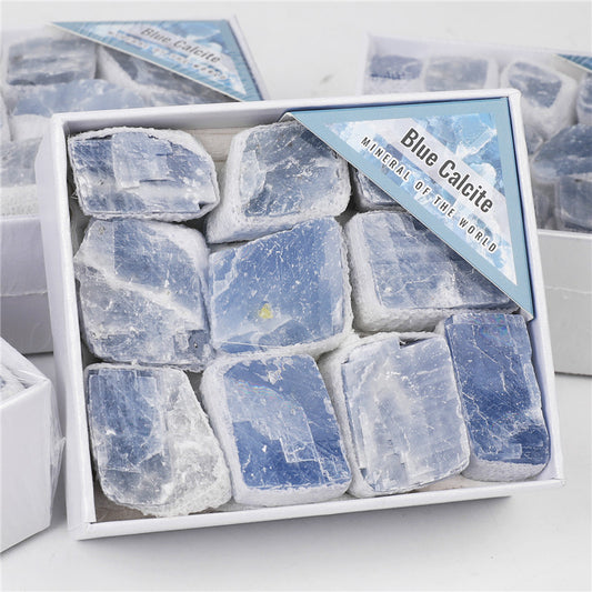 Natural blue kyanite blue calcite rough stone box set