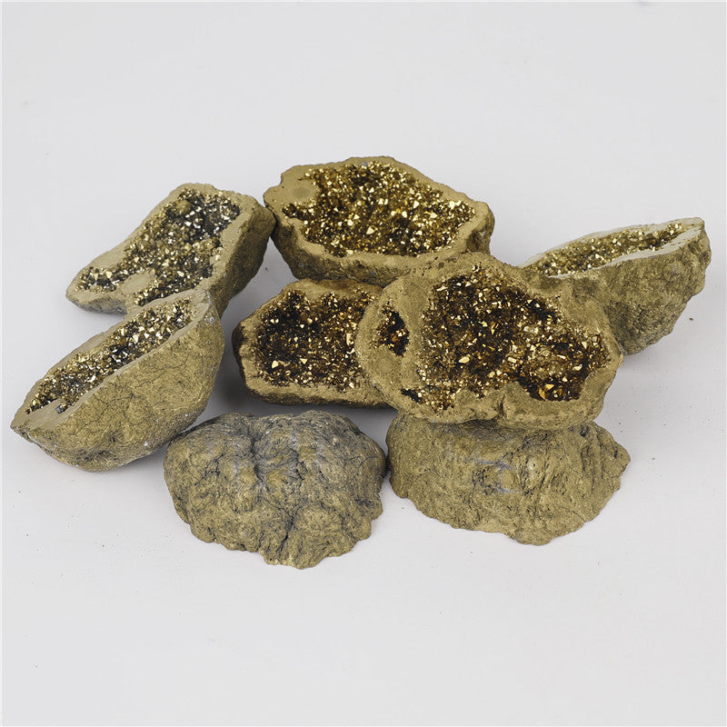 Natural crystal cave agate rough stone electroplated gold boxed