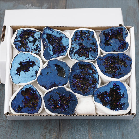 Natural crystal cave agate treasure pot raw stone electroplated blue boxed