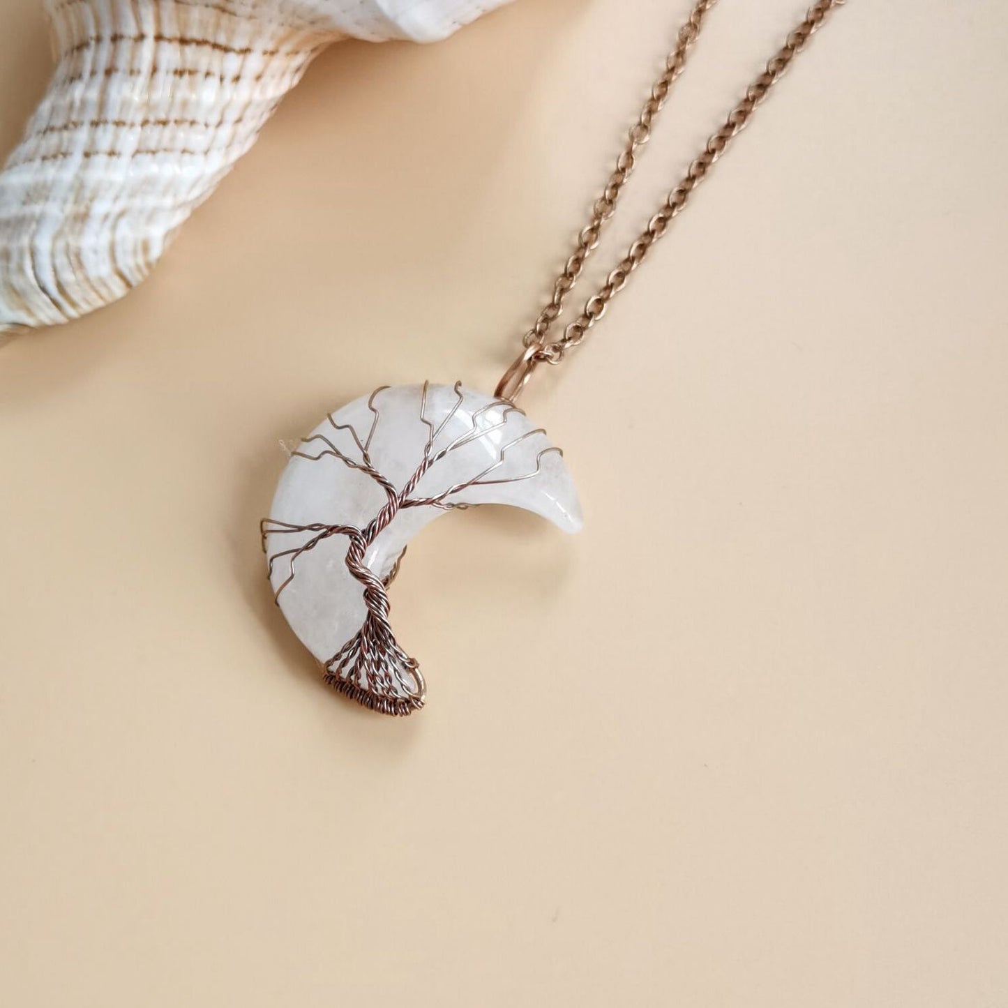Antique Red Copper Moon Natural Stone Wrapped Tree of Life Pendant