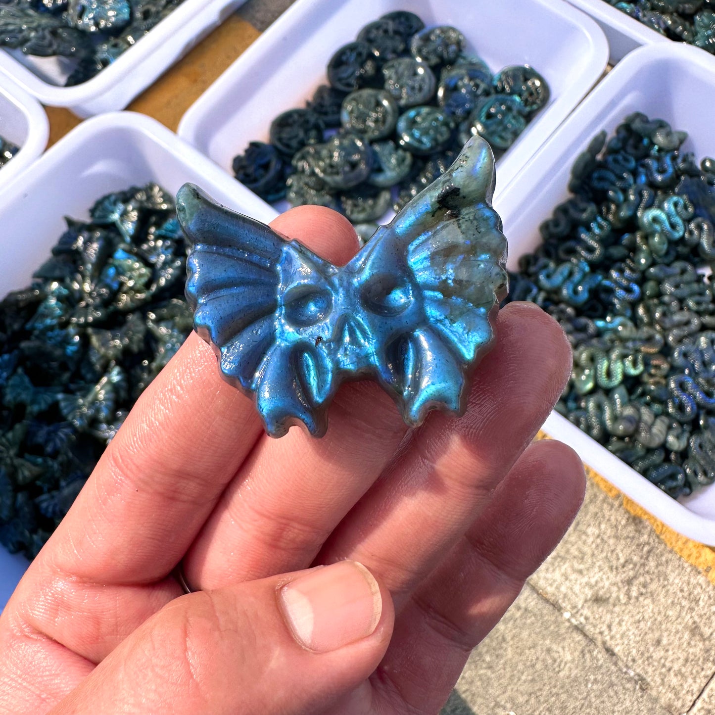 Labradorite Skull Butterfly Engraving